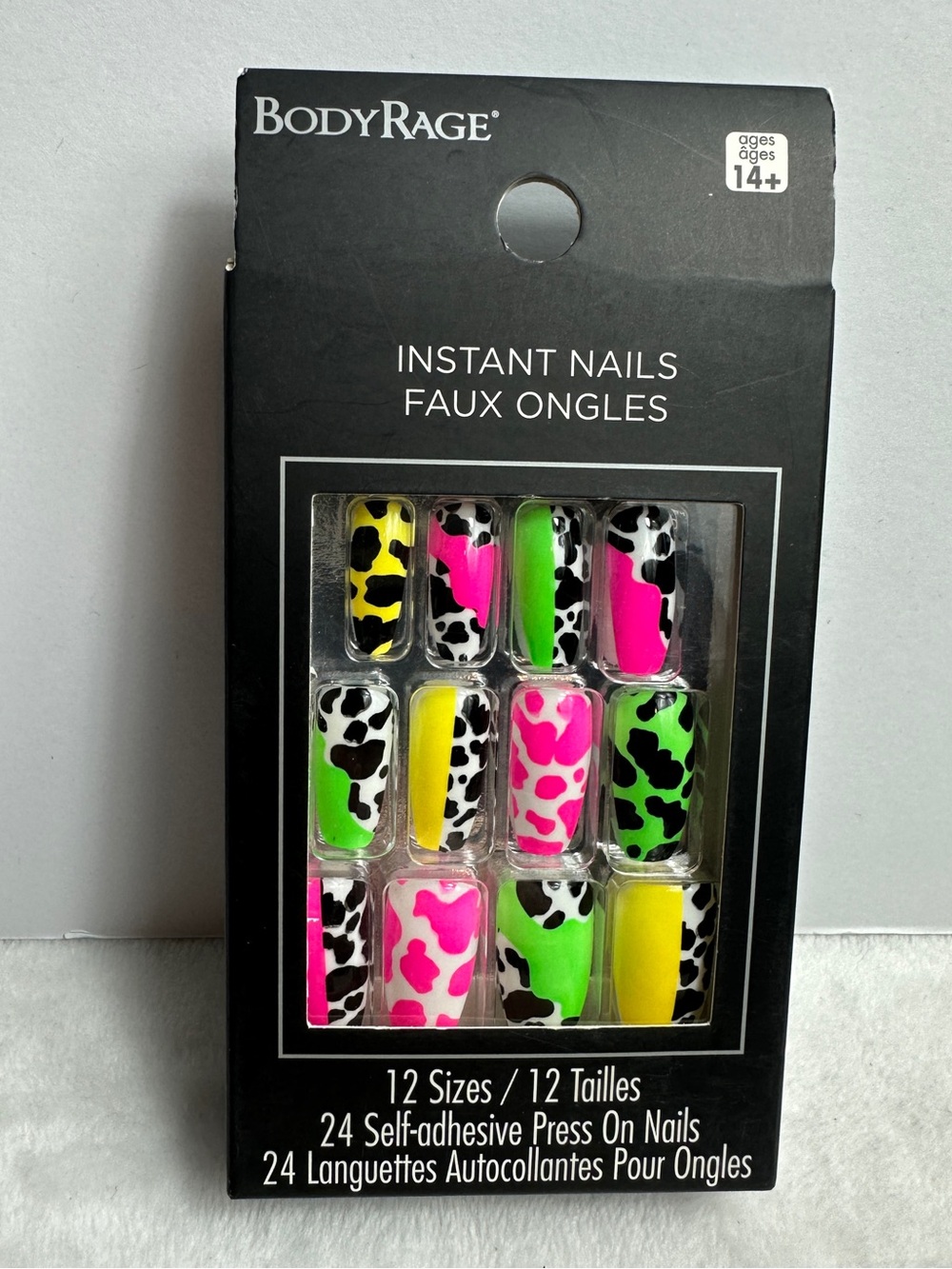 Spencers BodyRage Neon Animal Print Press on Nails green yellow pink 24 count